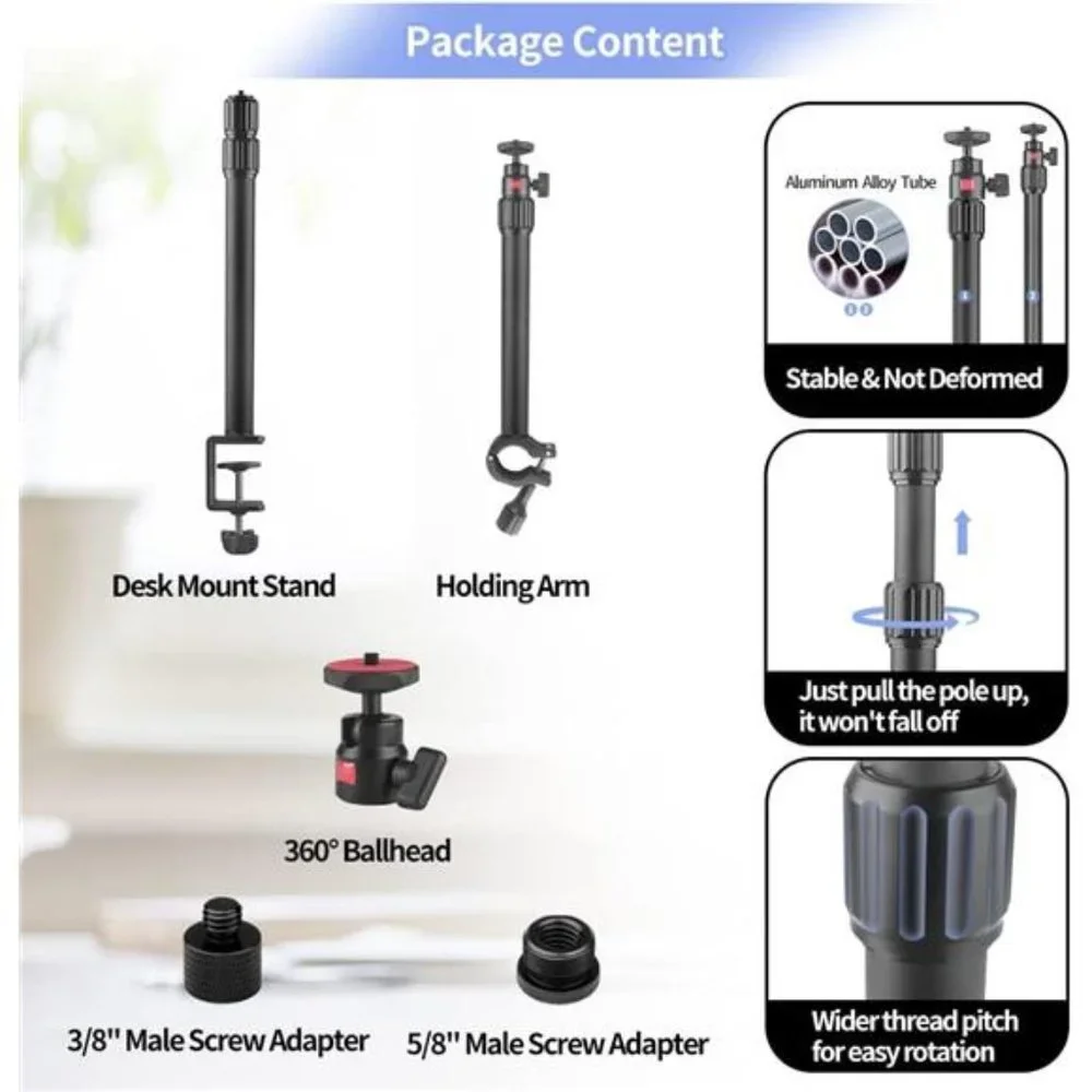 Camera Desk Mount with 2-Stage Telescopic Arm, Adjustable Overhead Light Stand